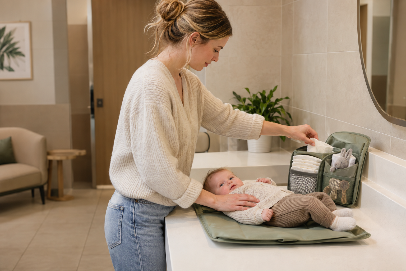 A mother using the open changing kit with her baby