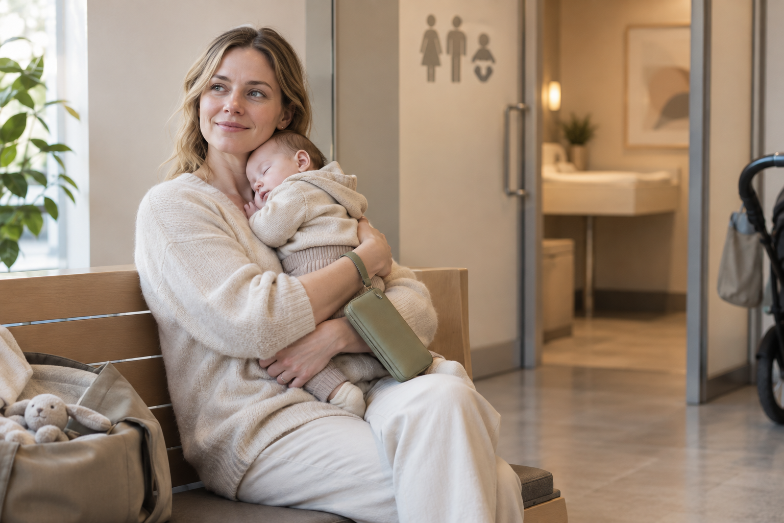 A mother holding her sleeping baby after a change